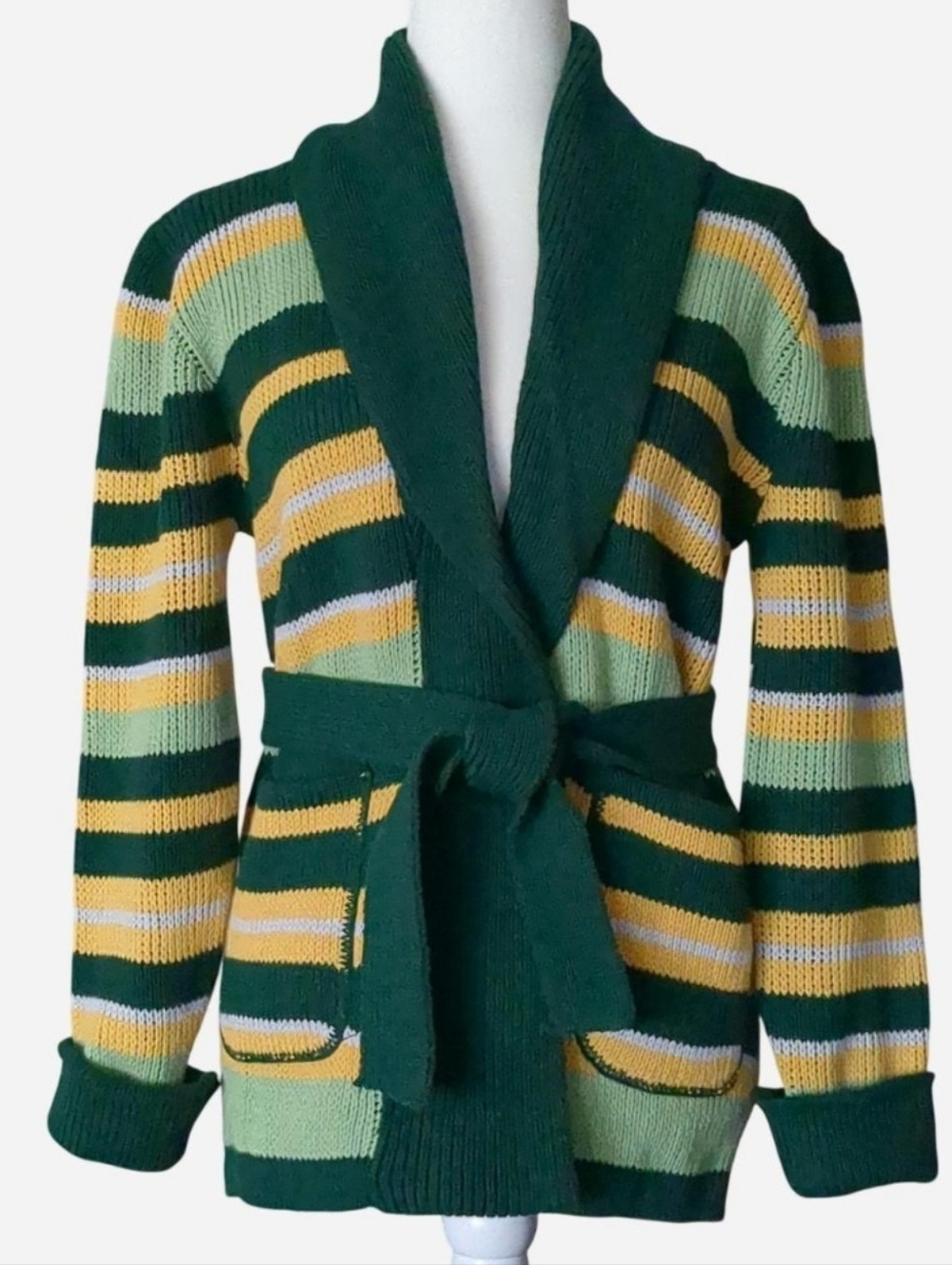 🏈 VINTAGE 70s Chris Ann Green Bay Packers Style Striped Wrap Cardigan M/L